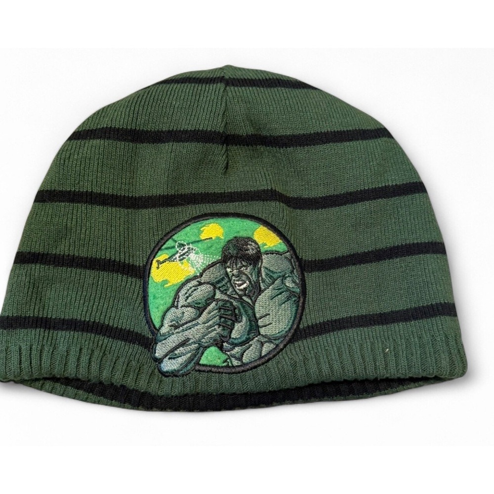 Marvel Incredible Hulk Striped Beanie Hat Green Black Kids Youth